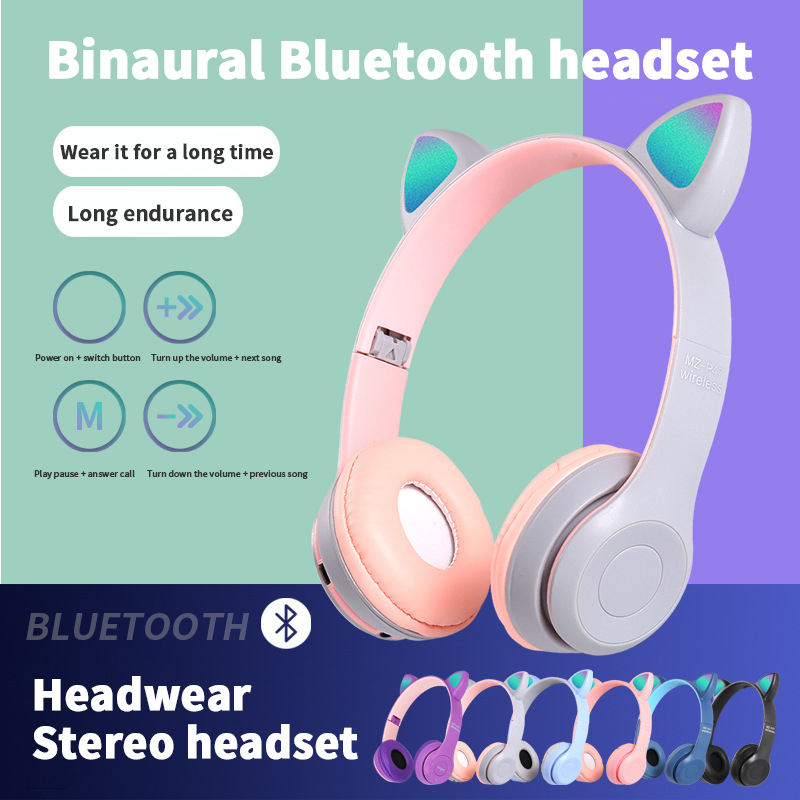 Latest Version Cat Ear Wireless Headphone P47M Over-Ear Stereo Stereo Gamer Headphones With LED Light Foldable Earphones details Picture