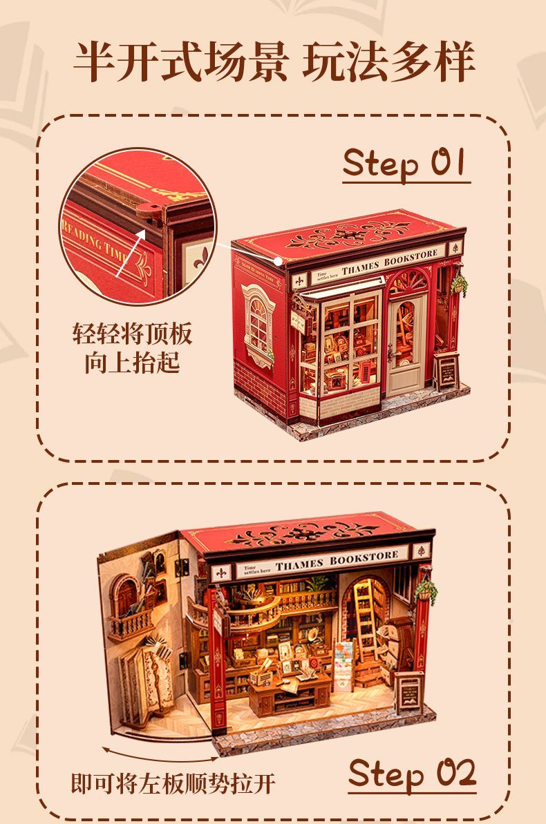 CuteBee Thames Bookstore Handmade diy House Miniature scene Assembly Model Creative Gift City Stroll detail image 2