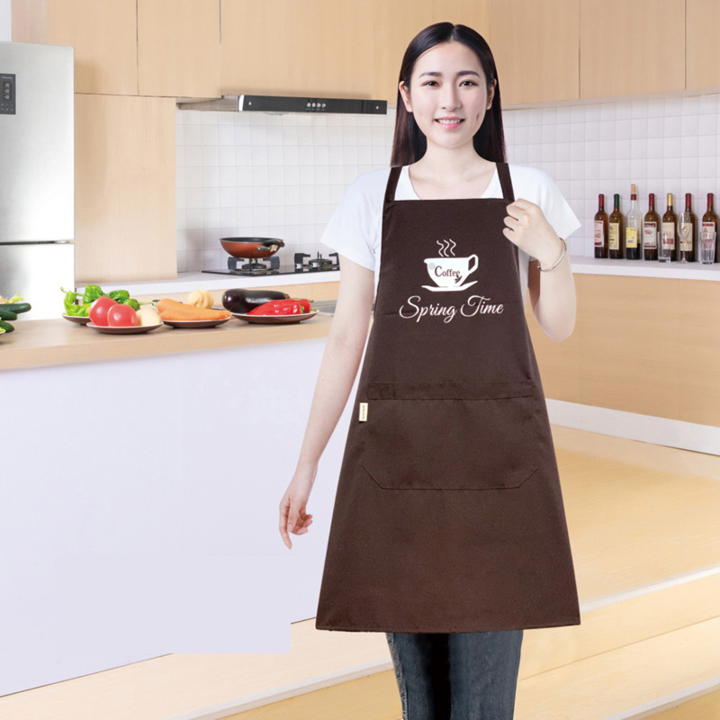 Canvas embroidered coffee cup, shoulder strap apron, waterproof and oil-resistant, simple catering work clothes, household waterproof apron, dirt-resistant baking apron, cover