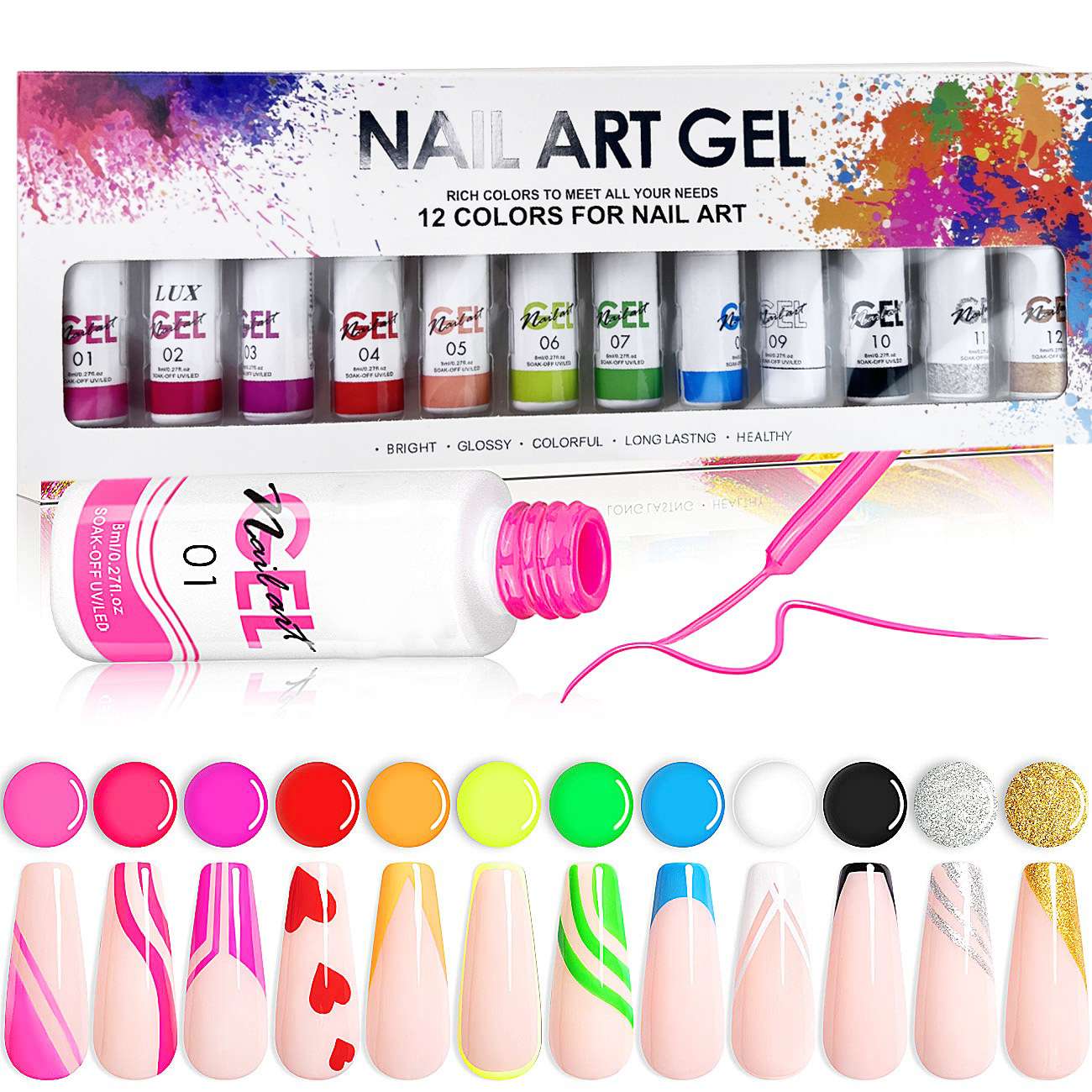 Nail art stringing glue set, edge outlining and painting, high-density saturated stringing and flower painting glue, classic 12 colors