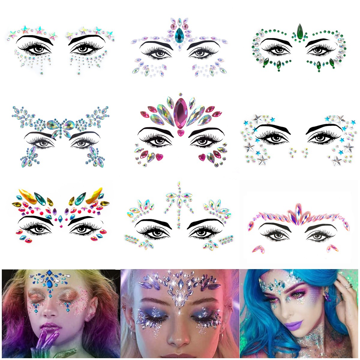 跨境热销亚克力脸贴爆款钻贴电音节炫彩宝石贴纸派对装饰 