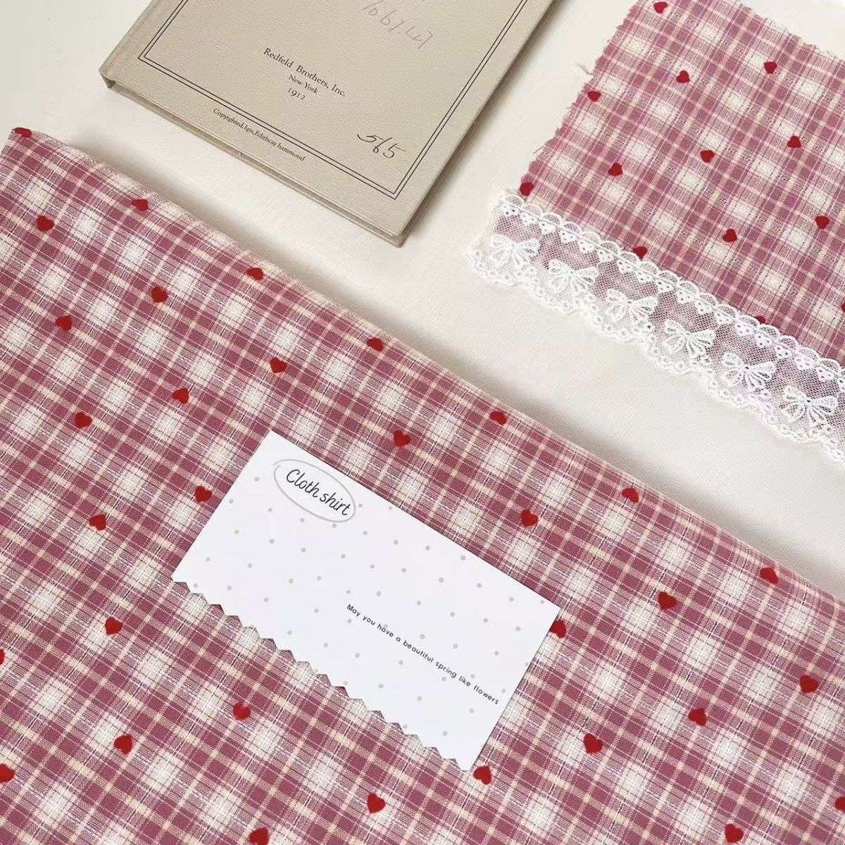 韩系爱心植绒格子面料连衣裙衬衫裙子睡衣童装DIY发圈女服装布料