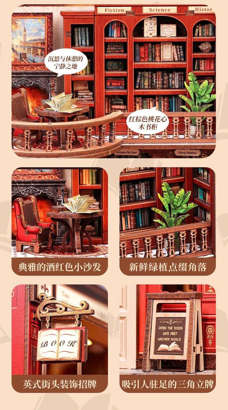 CuteBee Thames Bookstore Handmade diy House Miniature scene Assembly Model Creative Gift City Stroll detail image 4