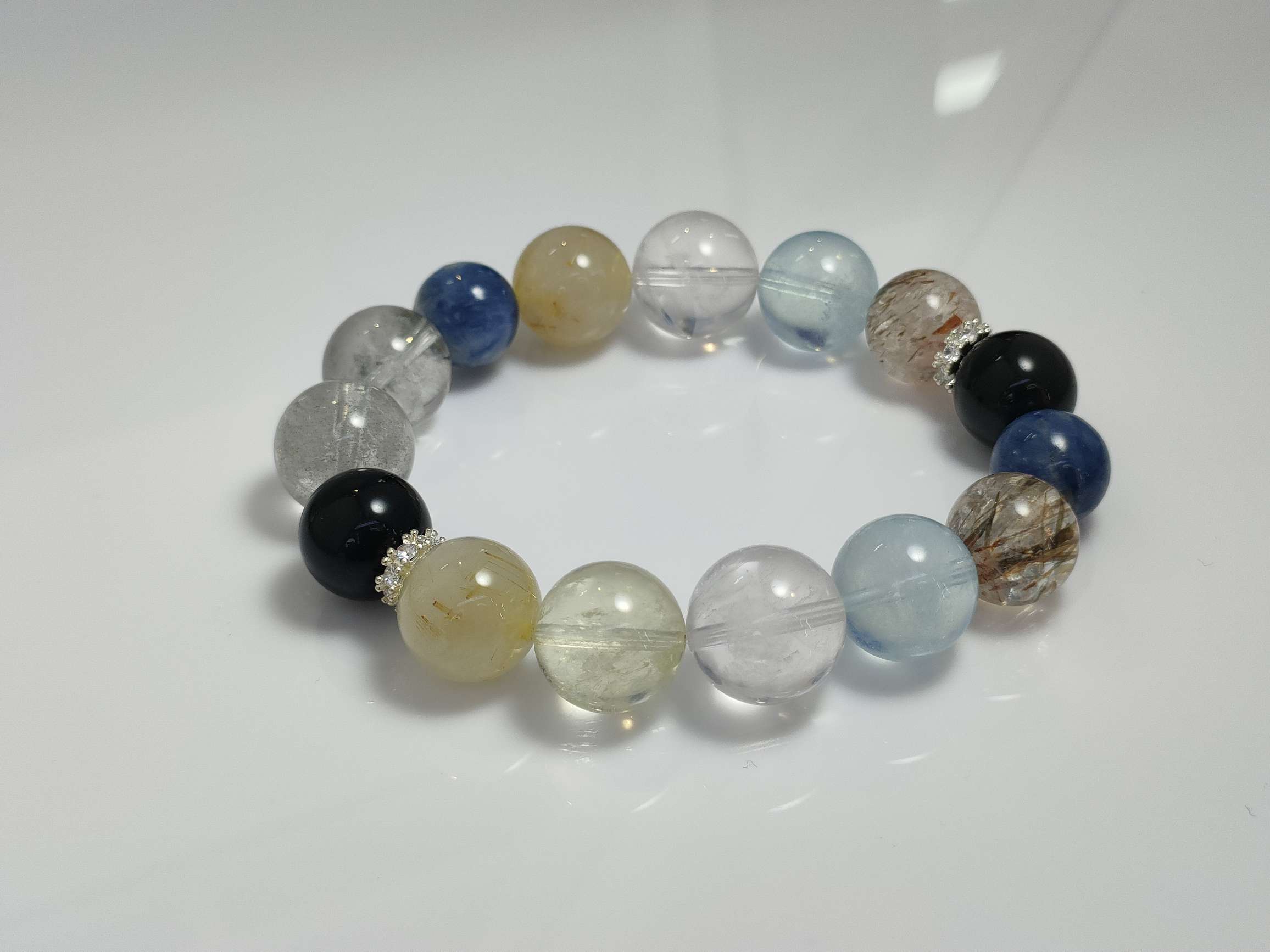 海蓝宝+奶白晶+黄塔晶+蓝晶石+碧玺绿发晶+金运石+黄水晶+金发晶+黑金超七18mm详情图1
