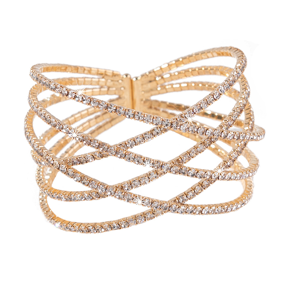 Gold Plated Copper Criss-Cross Rhinestone Bangle Bracelet for Women, Fashion Jewelry for Wedding & Party details Picture