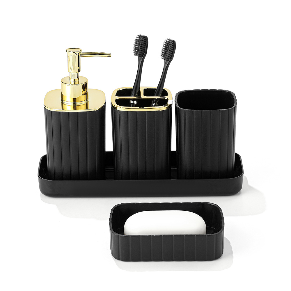 YUFEI Yufei Hotel Homestay Plastic Bathroom and Toiletry Five-piece Set, Striped toothbrush holder, mouthwash Cup tray 5-piece set Application Scenario