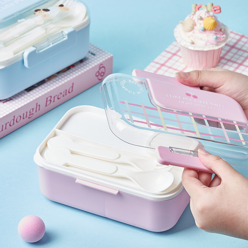 新款可爱塑料饭盒上班族学生分格便当盒多层创意分层勺叉独立料盒 详情图4