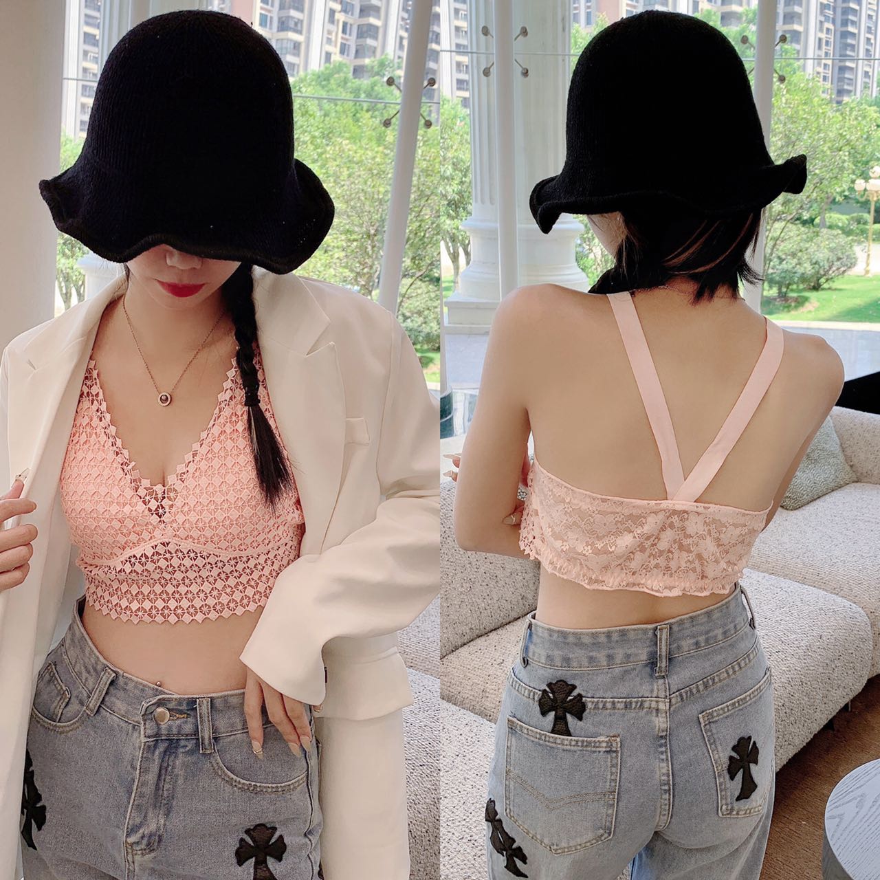 Sexy lace cutout beauty with a halter top and chest pad Application Scenario