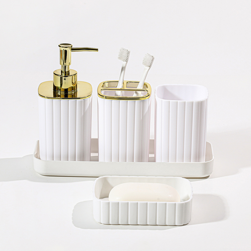 YUFEI Yufei Hotel Homestay Plastic Bathroom and Toiletry Five-piece Set, Striped toothbrush holder, mouthwash Cup tray 5-piece set Item Picture