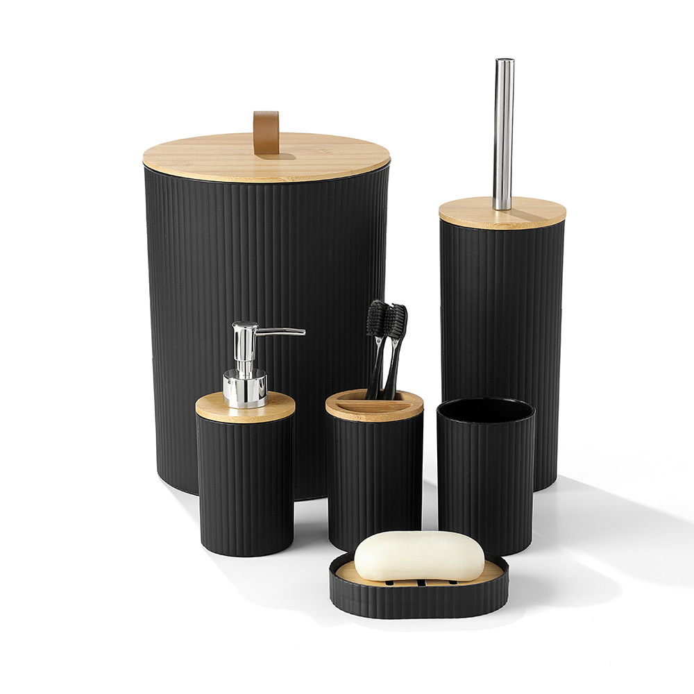 YUFEI Bamboo and Wood cover Striped Bathroom and washbasin 6-piece Set, Cross-border hotel plastic washbasin storage bathroom 6-piece set Item Picture
