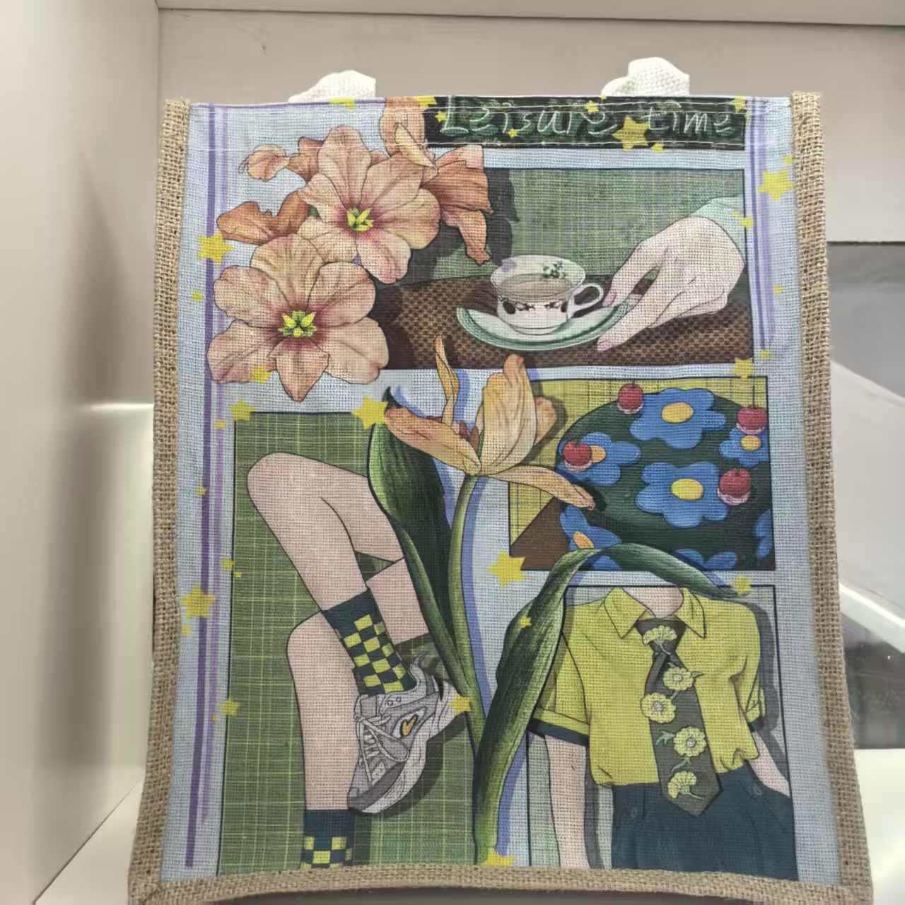 厂家现货大容量卡通简约拉链底手提麻布包