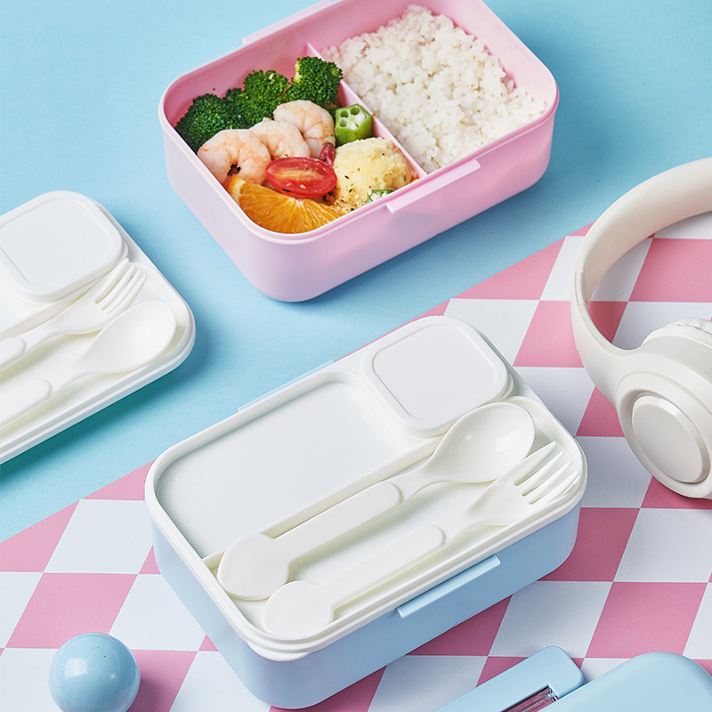 新款可爱塑料饭盒上班族学生分格便当盒多层创意分层勺叉独立料盒 详情图2