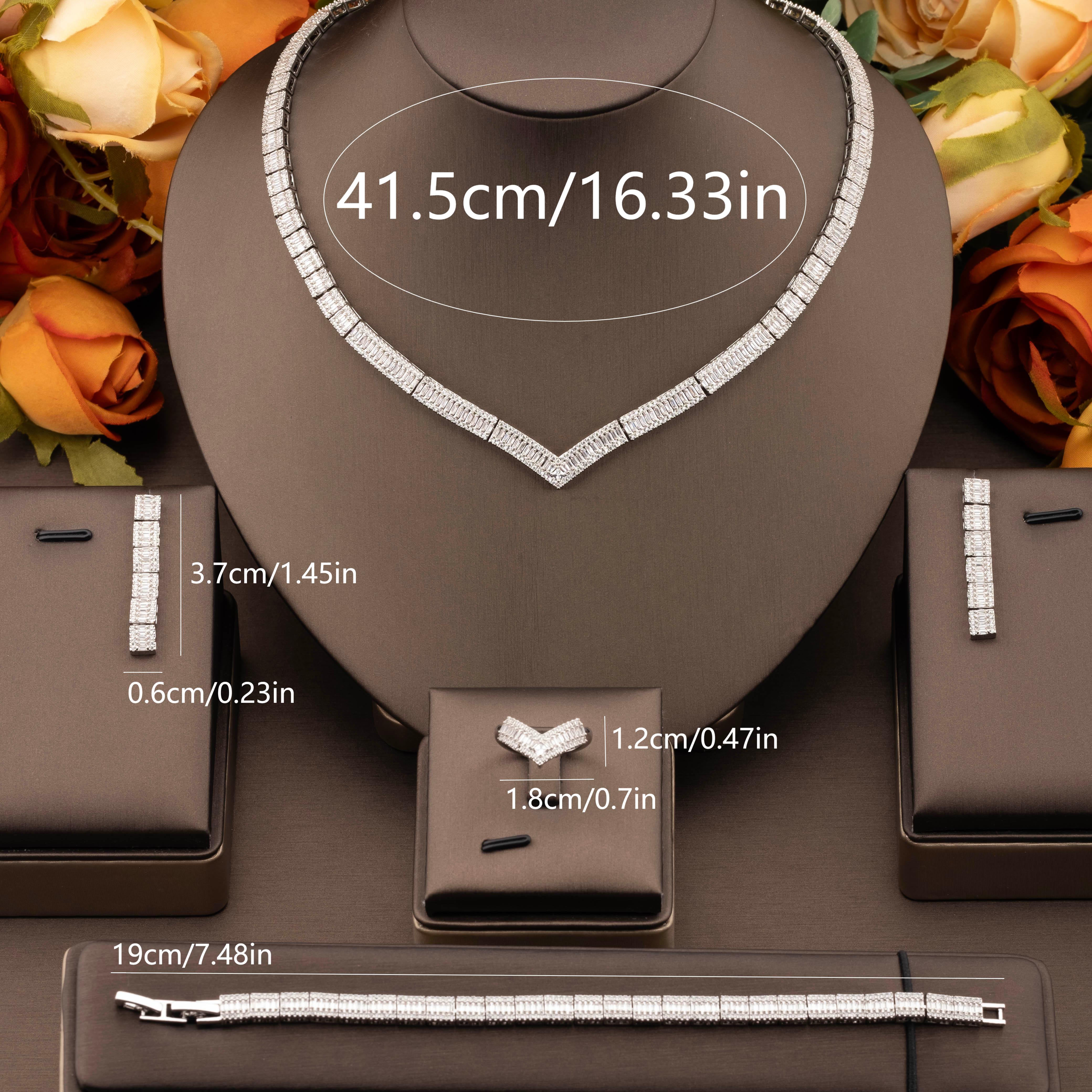 A luxurious and elegant jewelry set with a sparkling cubic zirconia V-neck design is suitable for ladies to wear at banquets Item Picture