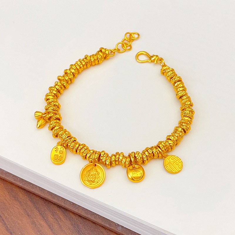 New Chinese-style traditional Chinese style sand gold fat Fortune Yellow Wealth God Two Lives of Happiness coiled bracelet, "Fu" character golden Tuotuo bracelet, female gift sand gold copper Item Picture