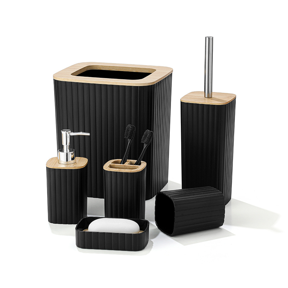 YUFEI vertical striped plastic bathroom six-piece set: trash can, toilet brush, toothbrush cup, mouthwash cup, soap box 6-piece set details Picture