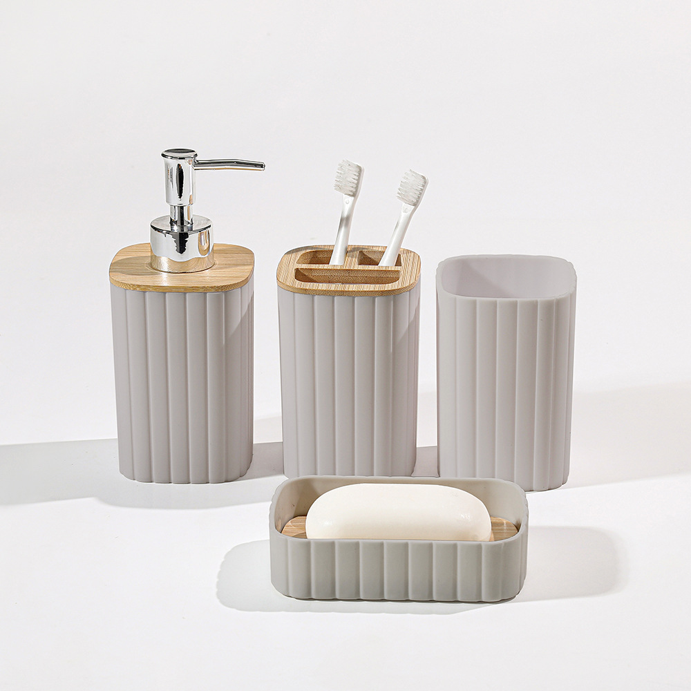 Striped plastic bathroom toiletry set, hotel and homestay wooden cap lotion bottle, mouthwash cup, toothbrush cup 4-piece set Application Scenario