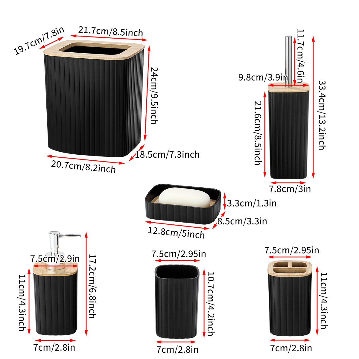 YUFEI vertical striped plastic bathroom six-piece set: trash can, toilet brush, toothbrush cup, mouthwash cup, soap box 6-piece set Specification image