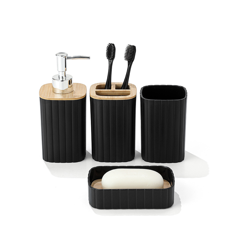 Striped plastic bathroom toiletry set, hotel and homestay wooden cap lotion bottle, mouthwash cup, toothbrush cup 4-piece set Item Picture