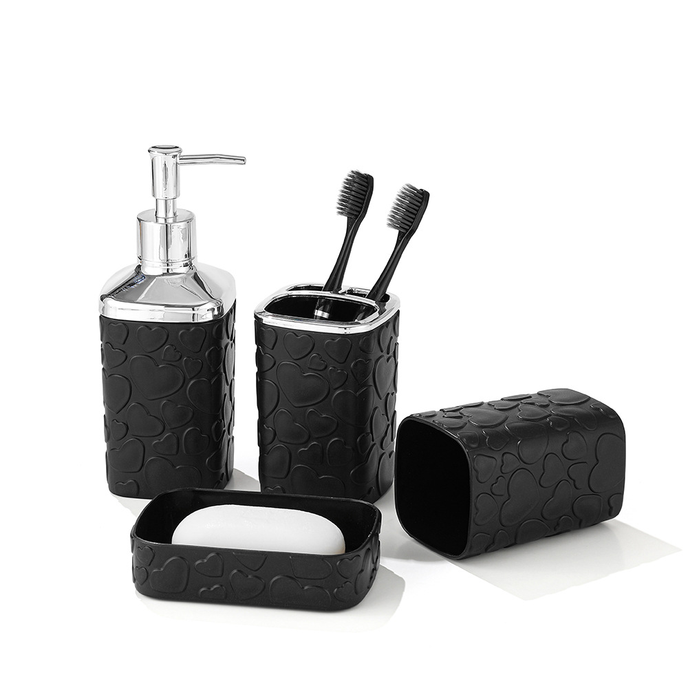 Hot-selling heart-shaped relief bathroom 4-piece set, hotel and household plastic cups, lotion bottles, mouthwash cups 4-piece set Item Picture