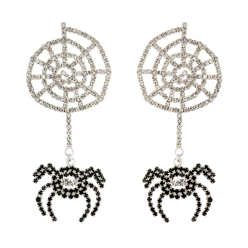 Halloween atmosphere earrings, European and American cross-border spider web rhinestone earrings, trendy and individual black spider diamond-encrusted party earrings wholesale Item Picture