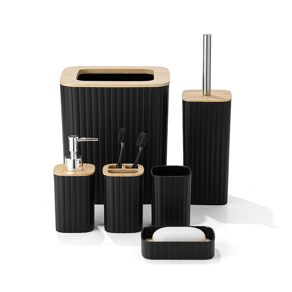 YUFEI vertical striped plastic bathroom six-piece set: trash can, toilet brush, toothbrush cup, mouthwash cup, soap box 6-piece set Item Picture