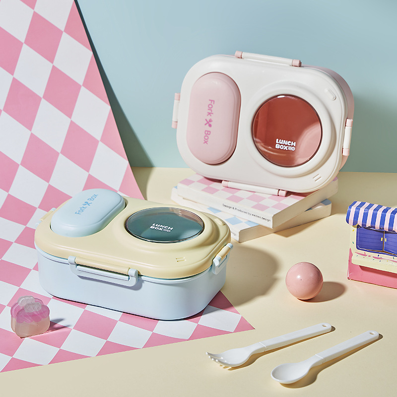 自带餐具收纳撞色餐盒 清新ins风LUNCH BOX便携分格便当盒 学生上班族带饭盒”详情2