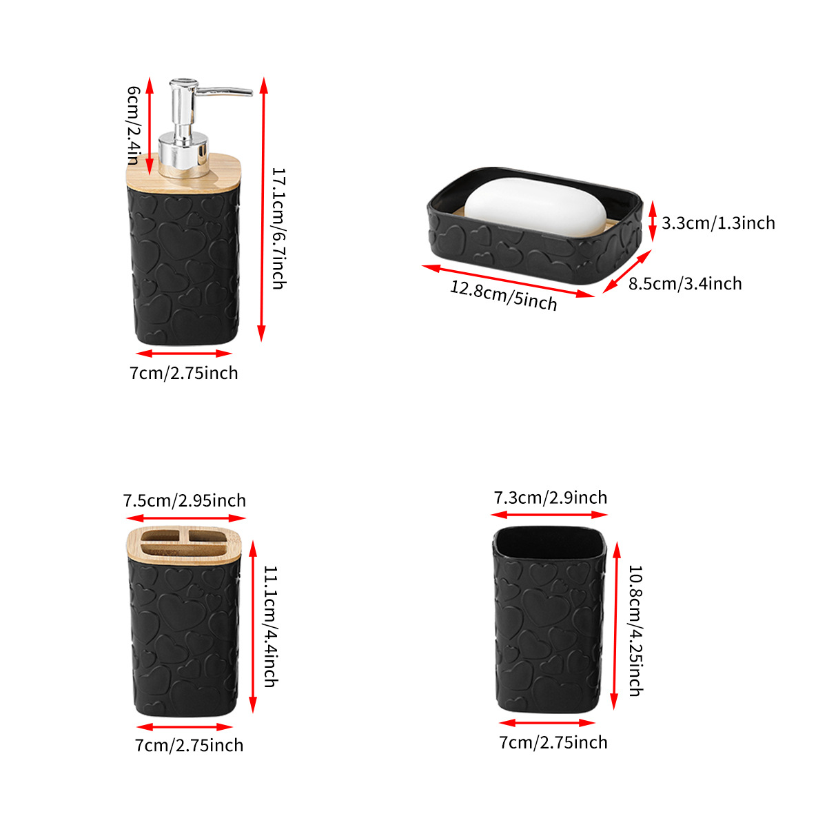 Modern heart-shaped relief four-piece set for bathroom, light luxury bathroom ornaments, lotion bottle, toothbrush cup set details Picture