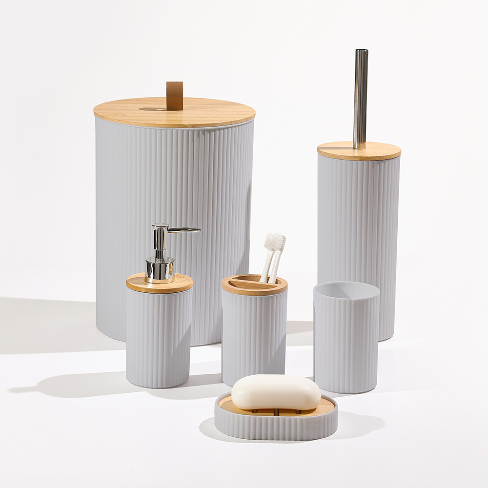 YUFEI Bamboo and Wood cover Striped Bathroom and washbasin 6-piece Set, Cross-border hotel plastic washbasin storage bathroom 6-piece set Application Scenario