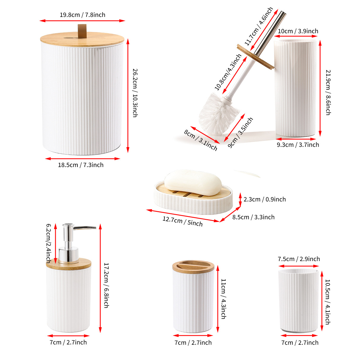YUFEI Bamboo and Wood cover Striped Bathroom and washbasin 6-piece Set, Cross-border hotel plastic washbasin storage bathroom 6-piece set Specification image