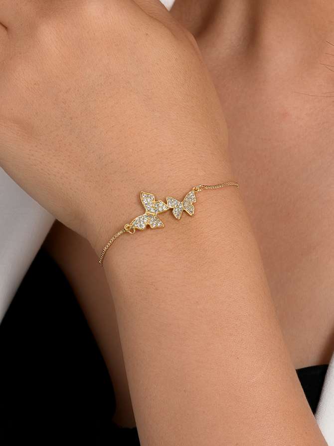 European and American cross-border micro-inlaid zircon butterfly pendant bracelet, light luxury and high-end feel, pull-out bracelet, wedding bride and bridesmaid accessory, adjustable pull-out handle, high-end accessory zircon bracelet details Picture