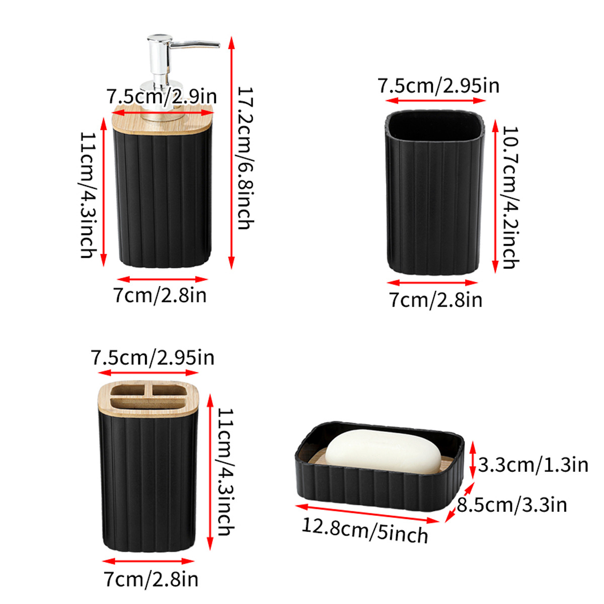 Striped plastic bathroom toiletry set, hotel and homestay wooden cap lotion bottle, mouthwash cup, toothbrush cup 4-piece set Specification image