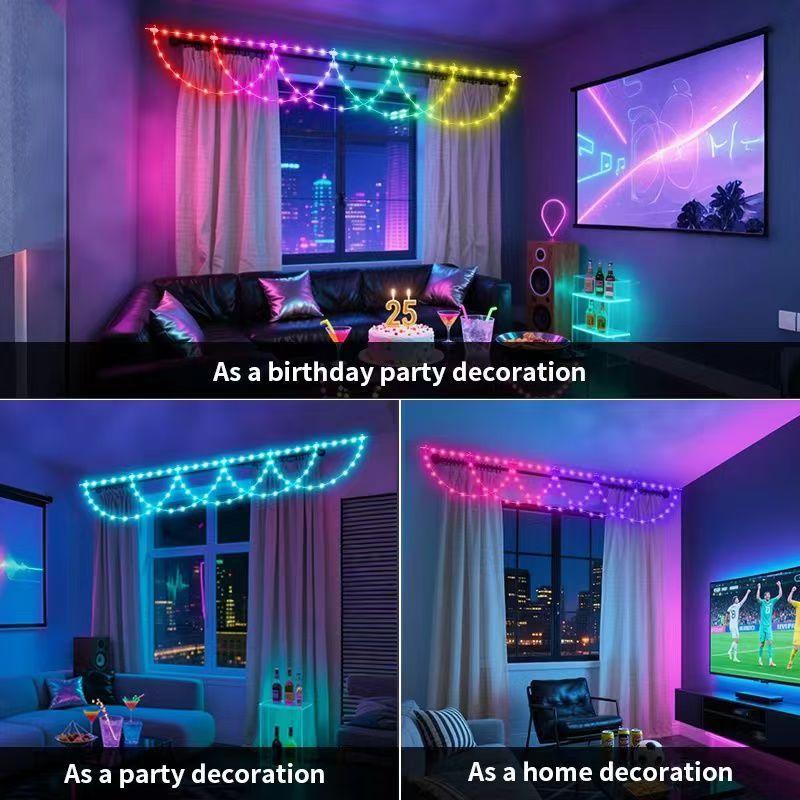 Outdoor LED light strings, color-changing LED, eave lights, garden lights, curtain lights, waterproof, mobile APP+ remote control color lights, atmosphere lights, string lights, decorative lights, festival decorative light strings, LED lighting fixtures Specification image