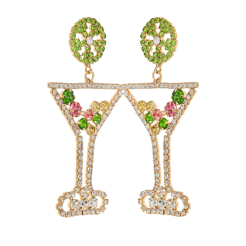 New green wine glass mixed color rhinestone earrings with a Halloween festive atmosphere, European and American cross-border personalized vacation style, full diamond pendant earrings Specification drawing