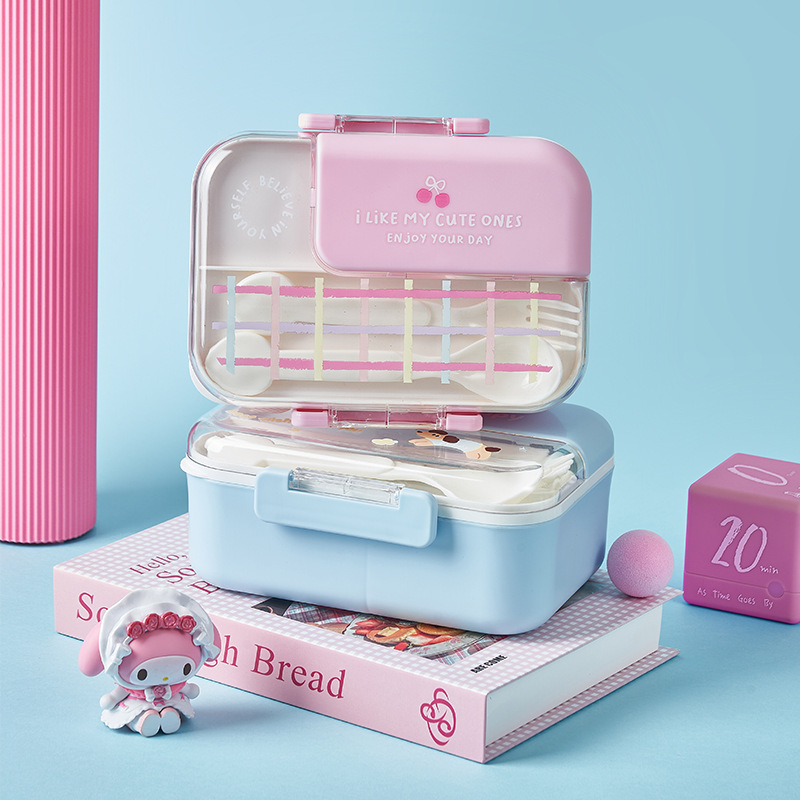 新款可爱塑料饭盒上班族学生分格便当盒多层创意分层勺叉独立料盒 