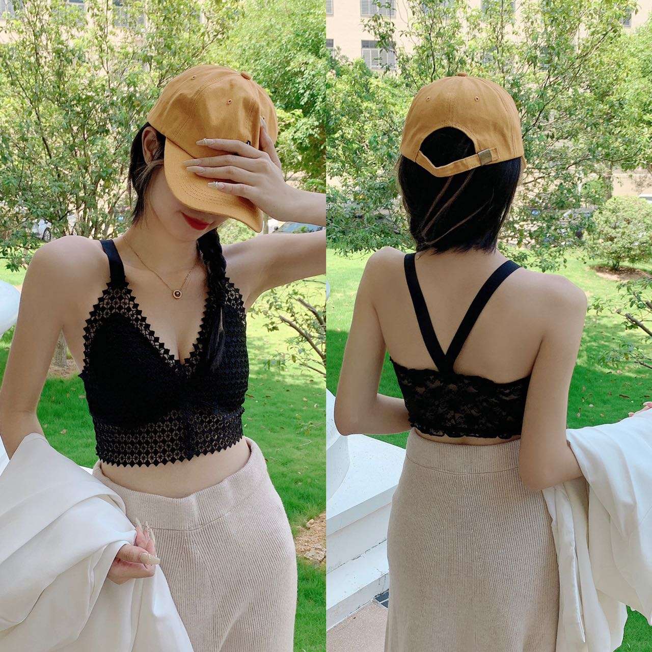 Sexy lace cutout beauty with a halter top and chest pad Item Picture