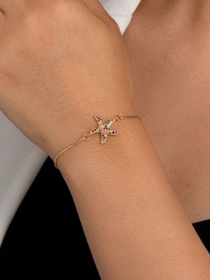 New adjustable length starfish bracelet for women, copper micro-inlaid zirconium jewelry, gold-plated star couple gift, zircon bracelet details Picture