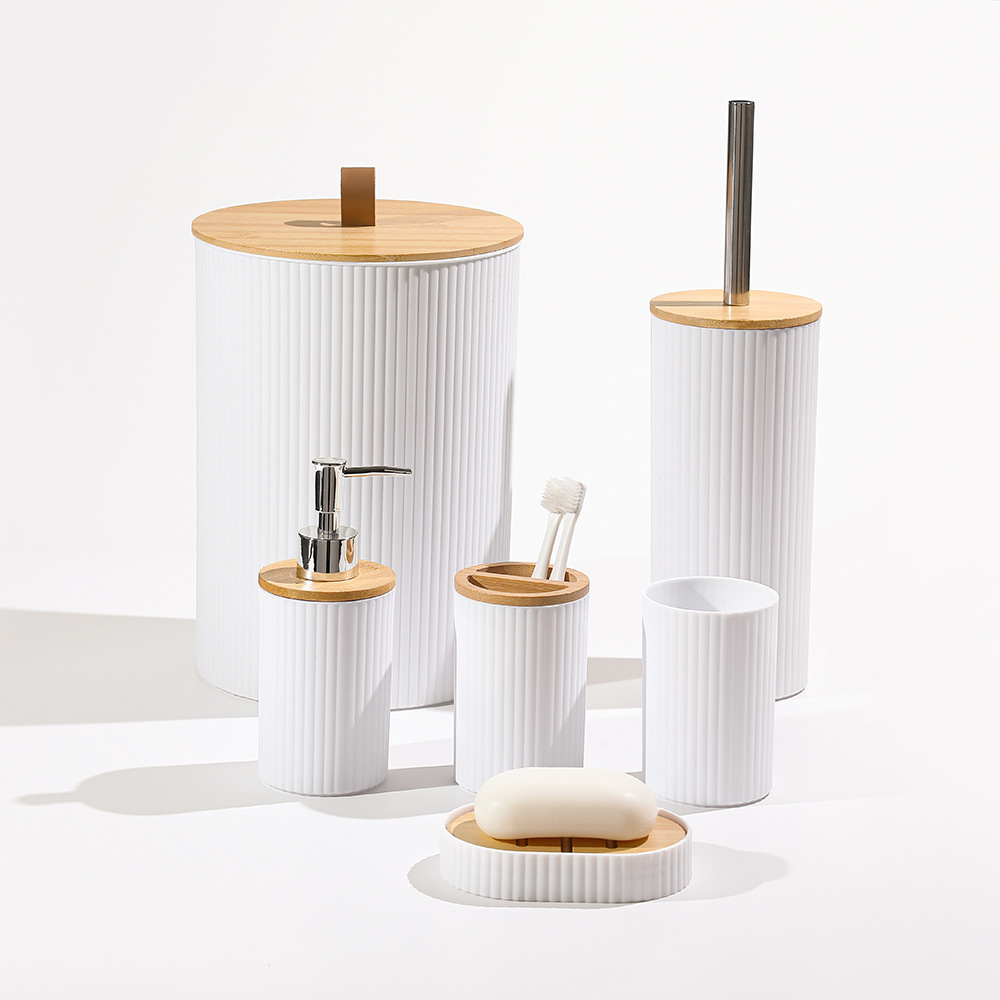 YUFEI Bamboo and Wood cover Striped Bathroom and washbasin 6-piece Set, Cross-border hotel plastic washbasin storage bathroom 6-piece set details Picture