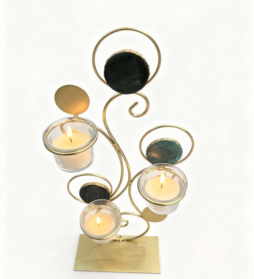 工艺品烛台摆件 室内装饰铁艺仿玛瑙创意轻奢风桌面摆件 客厅卧室玄关浪漫烛光晚餐装饰道具3杯