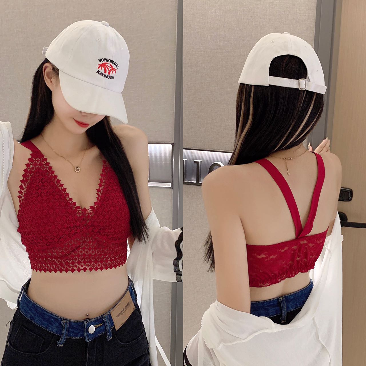 Sexy lace cutout beauty with a halter top and chest pad Specification drawing