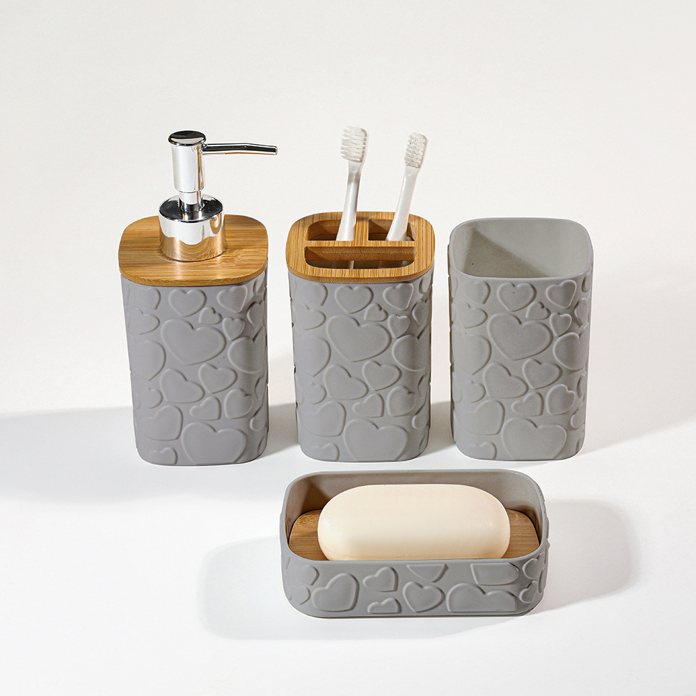 Modern heart-shaped relief four-piece set for bathroom, light luxury bathroom ornaments, lotion bottle, toothbrush cup set Specification image