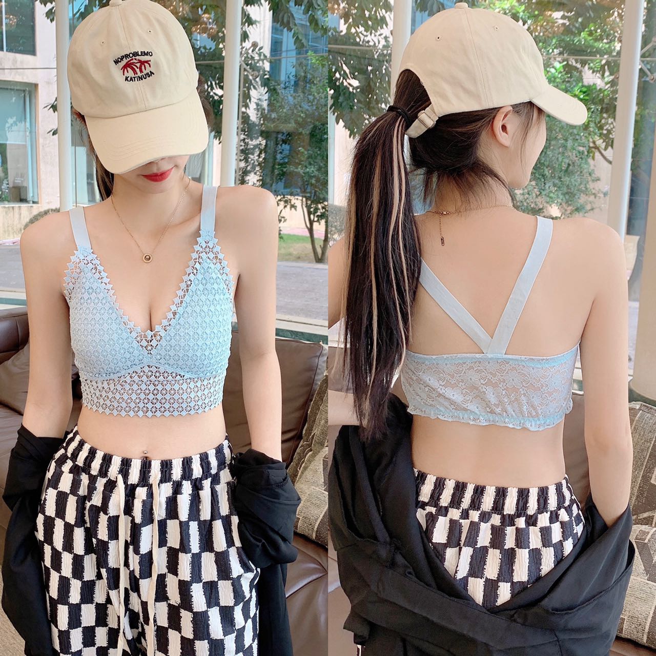 Sexy lace cutout beauty with a halter top and chest pad undefined