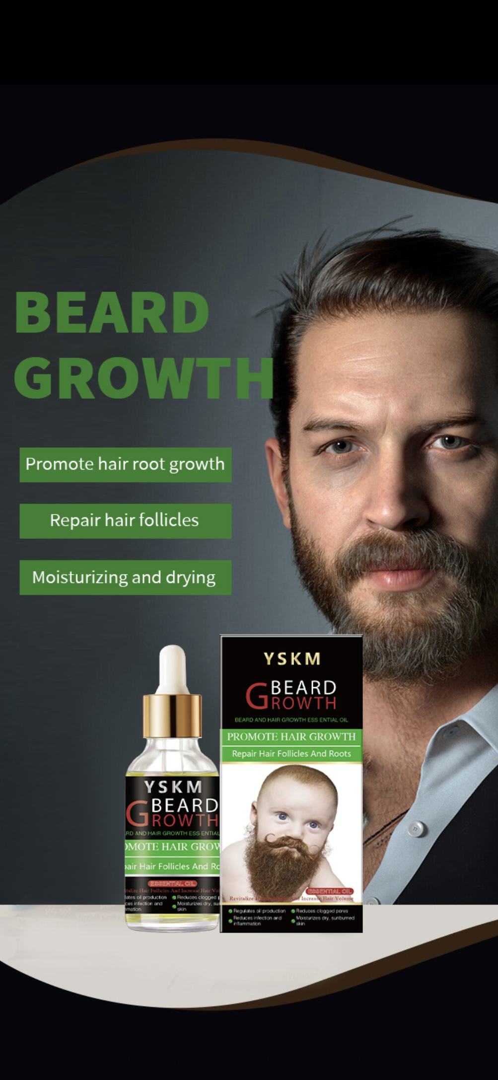 YSKM Beard Growth Essential Oil repairs hair follicles and roots, promotes beard hair growth, regulates sebum, reduces pore blockage, moisturizes and soothes the skin Specification image