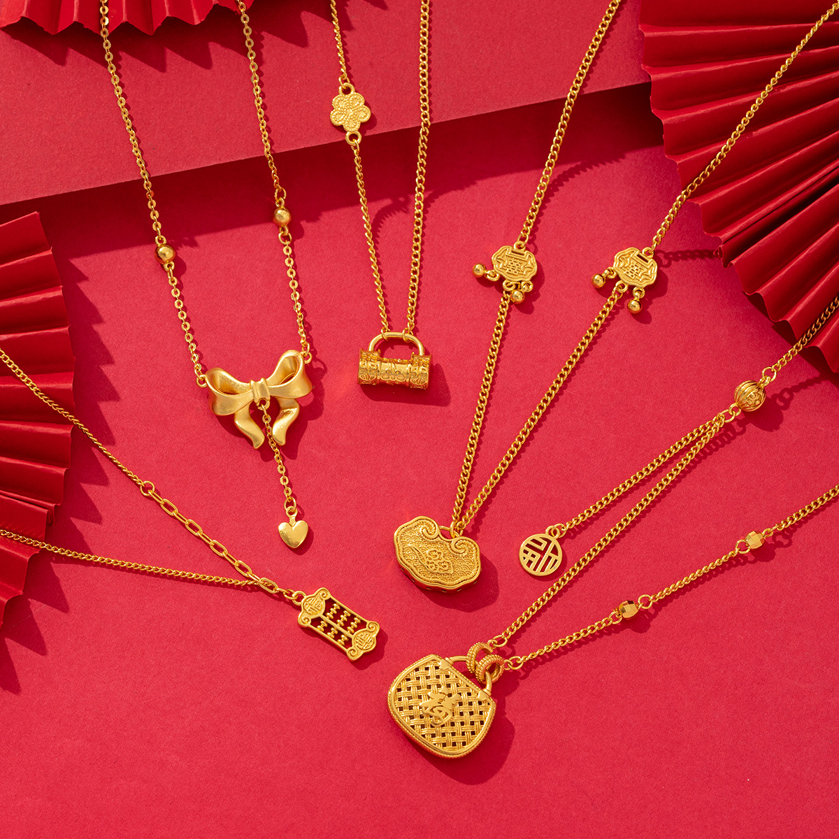 金店同款新中式葫芦福袋蝴蝶结莲花平安锁吊坠项链女首饰高级感沙金百搭铜镀金批发