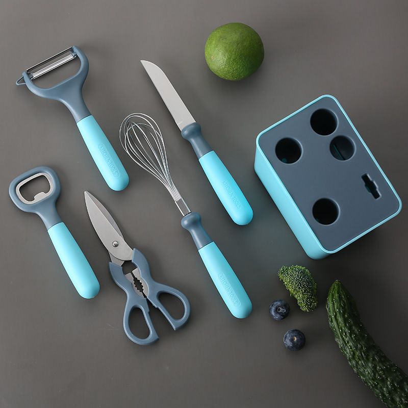 跨境厨房小工具组合PP五件套装带收纳座开瓶器削瓜刨辅食剪水果刀