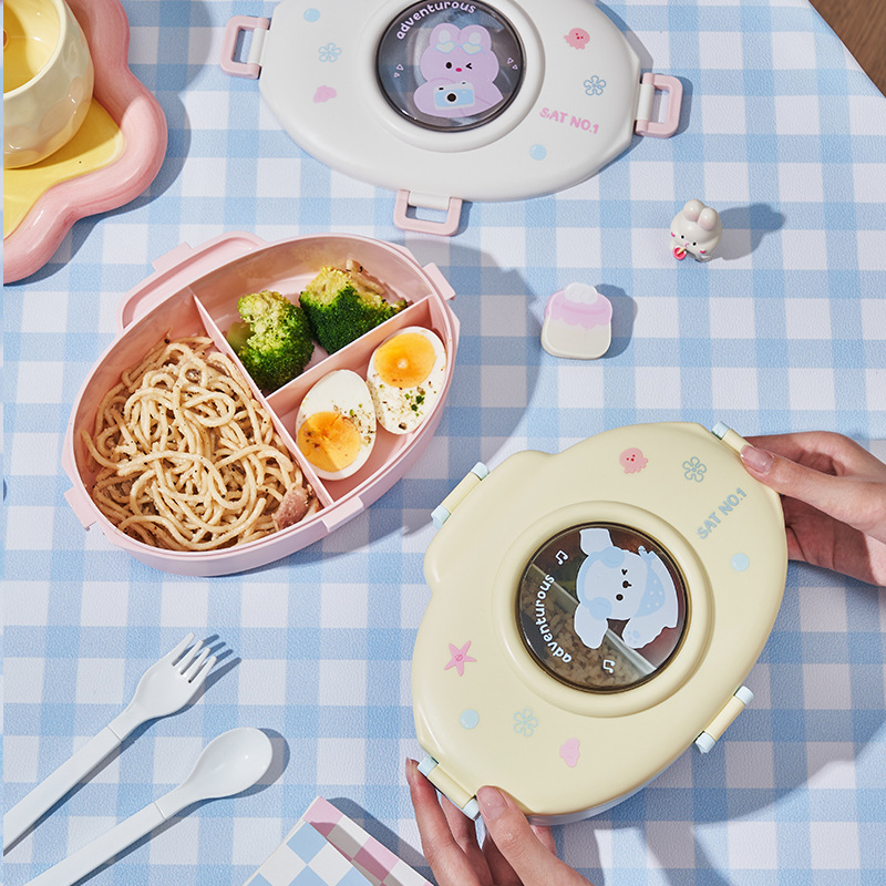 【萌兔透窗款】三格分格饭盒 学生可爱便携餐盒 密封防漏带餐具便当盒详情2