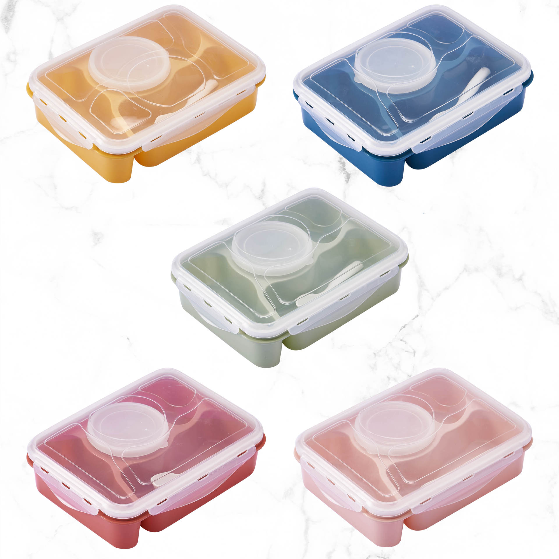 「五格带汤碗塑料便当盒 学生上班族分隔餐盒 食品级便携带勺密封饭盒」详情2