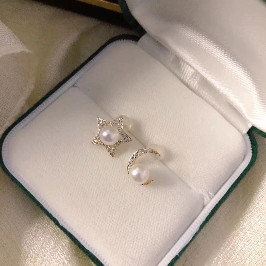 镀金星星月亮不对称耳环轻奢风镶满锆石天然淡水珍珠耳钉珍珠项链首饰项链详情图8