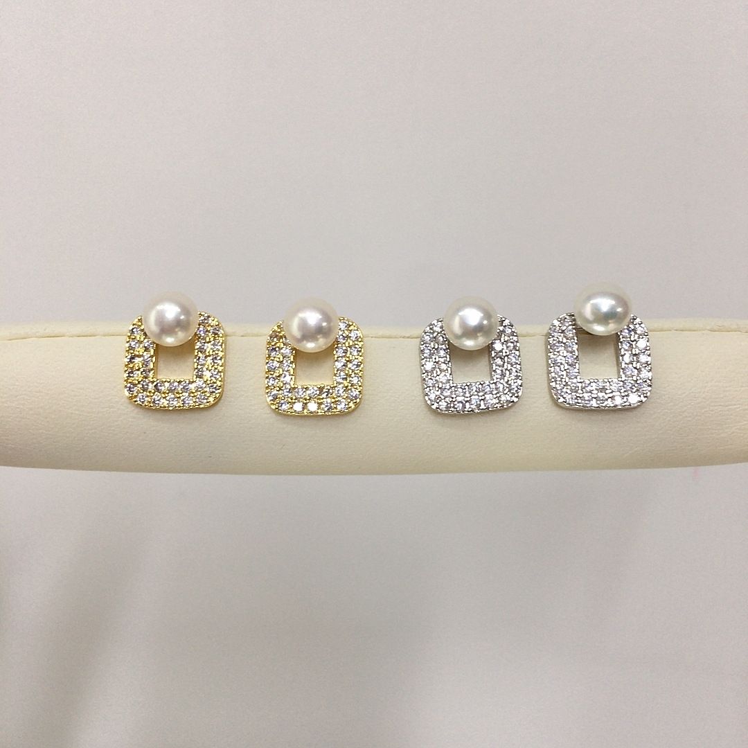 Pearl earrings with a niche and light luxury style, new design, high-quality freshwater pearl micro-inlaid zircon geometric square pearl necklace jewelry necklace