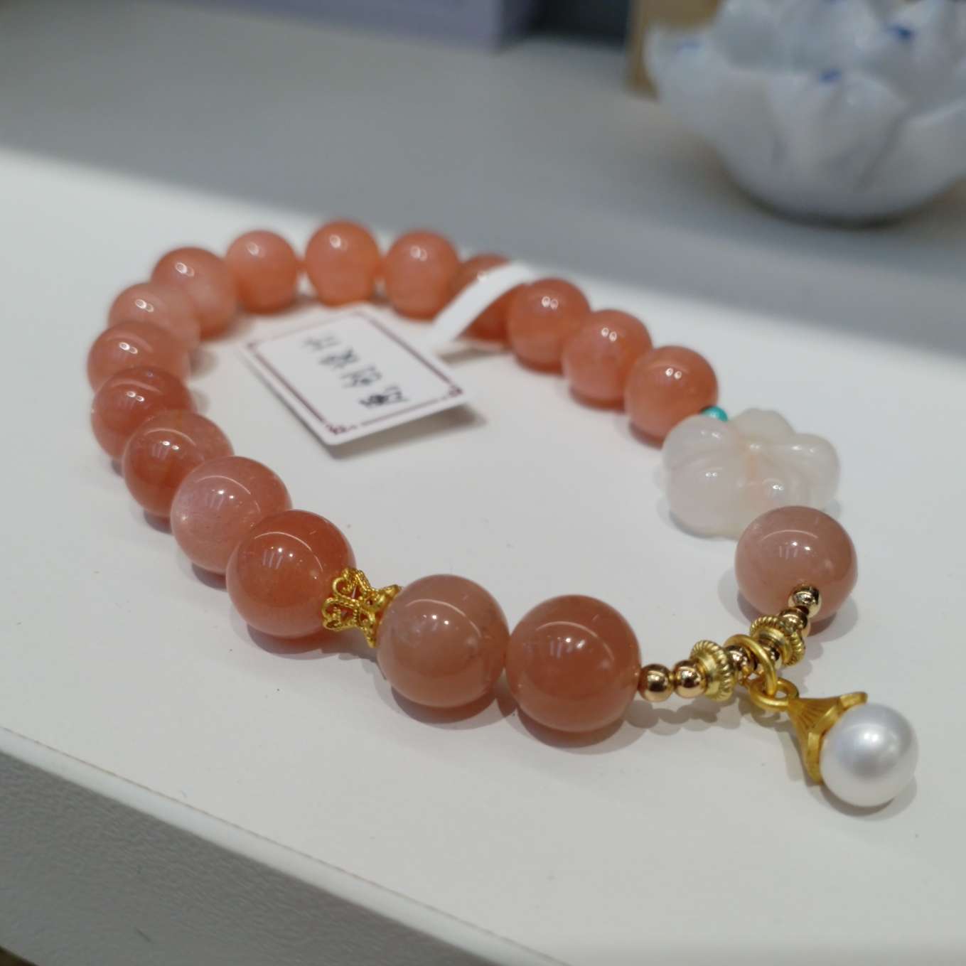 9mm natural crystal bracelet, sunstone with pearl bracelet, fashionable accessory, cinnabar bracelet for women, simple and versatile, trendy style detail image 3