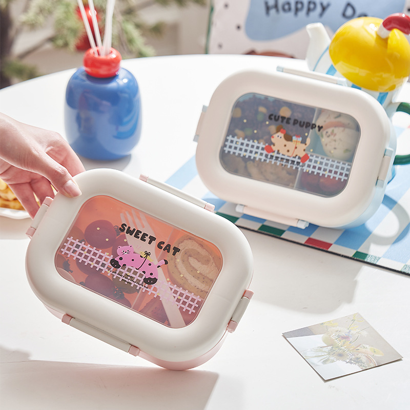 【萌宠透窗款】小狗猫咪卡通饭盒 学生便携分格餐盒 密封防漏带餐具便当盒详情5